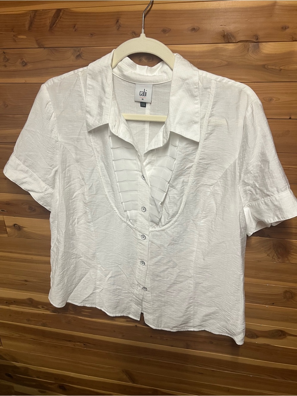CAbi White Short Sleeve Button-Front Shirt with Pleated Placket